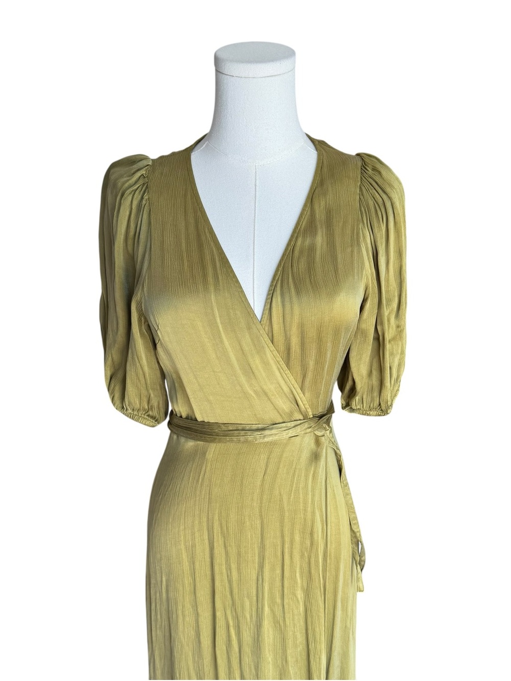 & Other Stories - Satin Wrap Midi Maxi Dress Olive Green Puff Sleeve Sz US 4 - Picture 4 of 9